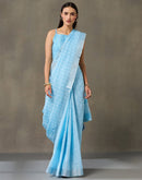 Light Blue Linen Woven Zari Stripe Saree