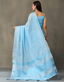 Light Blue Linen Woven Zari Stripe Saree
