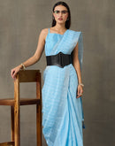 Light Blue Linen Woven Zari Stripe Saree