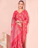 Coral Pink Silk Printed Saree