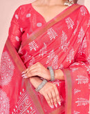 Coral Pink Silk Printed Saree
