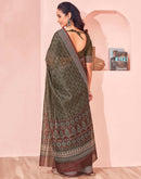Olive Green Linen Printed Saree