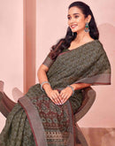 Olive Green Linen Printed Saree