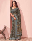 Dusty Olive Green Linen Printed Saree