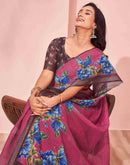 Magenta Linen Floral Printed Saree