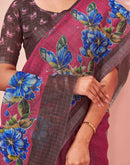Magenta Linen Floral Printed Saree
