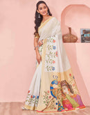 White Linen Kalamkari Printed Saree