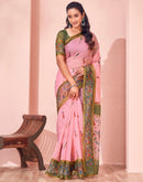 Light Pink Linen Printed Kalamkari Saree