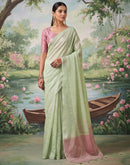 Dusty Mint Green Cotton Silk Tassels Woven Saree