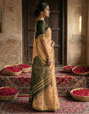 Dusty Mustard Beige Chanderi Cotton Zari Border Woven Saree