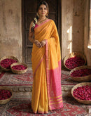 Yellow Chanderi Cotton Zari Border Woven Saree
