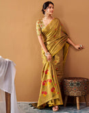 Dark Mustard Green Tissue Silk Woven Floral Saree