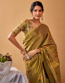 Dark Mustard Green Tissue Silk Woven Floral Saree