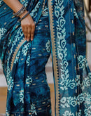 Navy Blue Cotton Printed Zari Stripe Saree