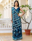 Navy Blue Cotton Printed Zari Stripe Saree