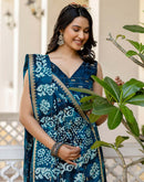 Navy Blue Cotton Printed Zari Stripe Saree