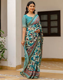 Rama Green Georgette Printed Lace Saree