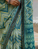 Grey Georgette Ikkat Printed Lace Saree