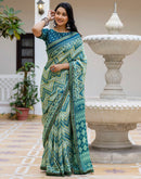 Grey Georgette Ikkat Printed Lace Saree