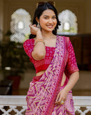 Rani Pink Georgette Ikkat Printed Lace Saree