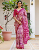 Rani Pink Georgette Ikkat Printed Lace Saree