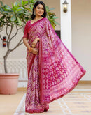 Rani Pink Georgette Ikkat Printed Lace Saree