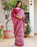 Rani Pink Georgette Ikkat Printed Lace Saree