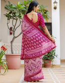 Rani Pink Georgette Ikkat Printed Lace Saree