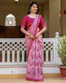 Rani Pink Georgette Ikkat Printed Lace Saree