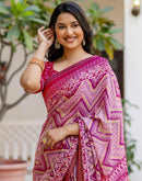 Rani Pink Georgette Ikkat Printed Lace Saree