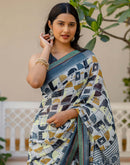 Grey Georgette Printed Lace Saree