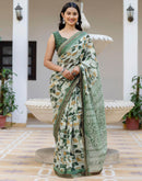 Dusty Pista Green Georgette Printed Lace Saree