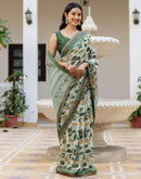 Dusty Pista Green Georgette Printed Lace Saree
