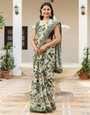 Dusty Pista Green Georgette Printed Lace Saree
