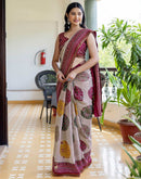 Dusty Beige Georgette Printed Lace Saree