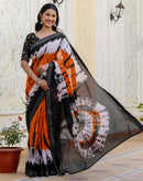 Orange Cotton Printed Woven Border Saree