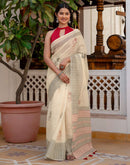 Off White Linen Printed Saree