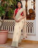 Off White Linen Printed Saree