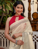 Off White Linen Printed Saree