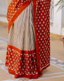 Beige Cotton Printed Saree