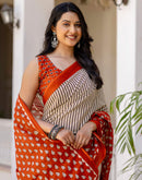 Beige Cotton Printed Saree