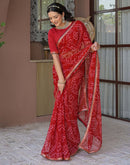 Red Chiffon Bandhani Printed Saree
