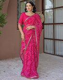 Pink Chiffon Bandhani Printed Saree