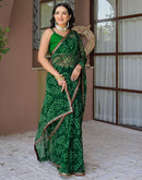 Green Chiffon Bandhani Printed Saree