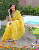 Yellow Linen Mirror Work Printed Saree