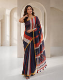 Navy Blue Linen Printed Zari Border Saree