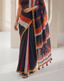 Navy Blue Linen Printed Zari Border Saree