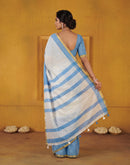 Light Blue Linen Printed Zari Border Saree