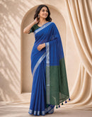 Blue Linen Printed Zari Border Saree