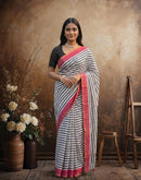 White Linen Printed Zari Border Saree
